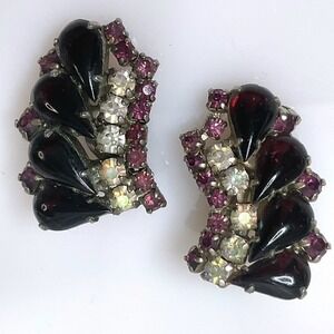 Vintage Purple & Clear Rhinestone Earrings Climber Clip On Silver Tone Statement